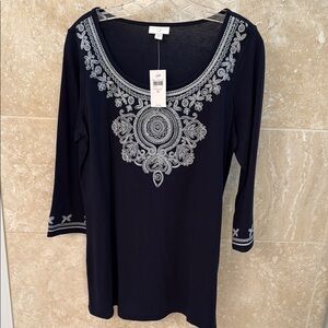 J. Jill Blue Embellished Tunic with 3/4 Sleeves